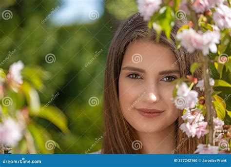 Brunette Girl In Black Is Posing Near Sakura Tree Stock Photo Image