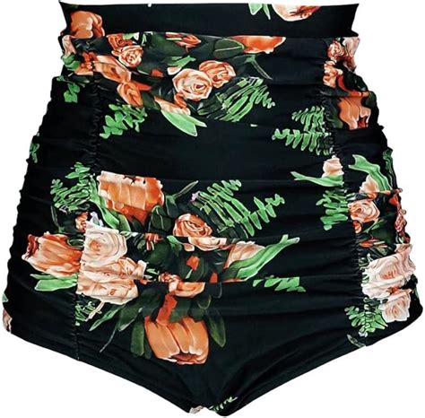 Amazon Cocoship Black Green Pink Floral Women S Vintage High Waist Bikini Bottom Ruched