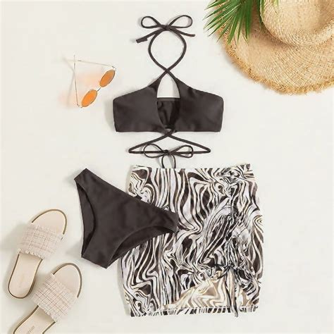 Generic New Bikini Sexy Mesh Gathered Solid Color Split Three Piece Set Beach Swimsuit