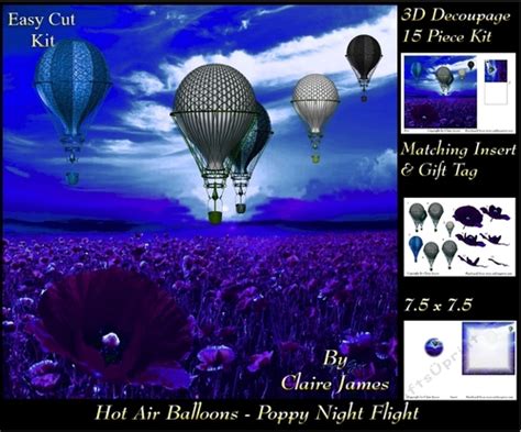 Hot Air Balloons Poppy Night Flight D Decoupage Insert Tag CUP Craftsuprint