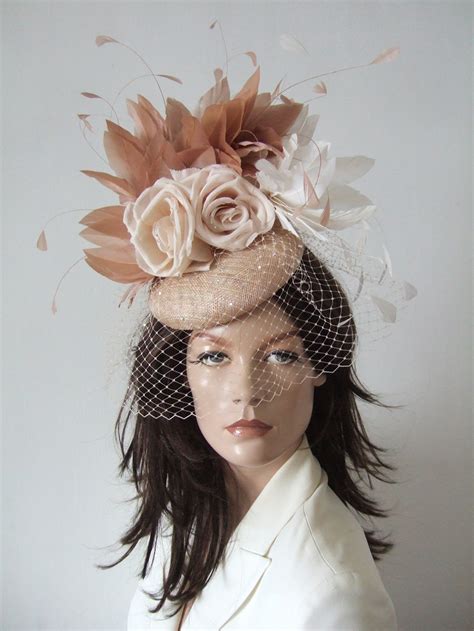 Hat Dress Impress Hats Multi Tonal Nude Feather Floral And Veiled Smartie Headpiece