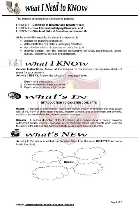Disaster Readiness and Risk Reduction Module 1 - Page 1 of 7 This