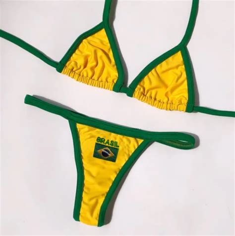 Sexy Embroidery Brasil Flag Contrast Split Bikini Set Women Swimwear Patchwork Swimsuit Hottie