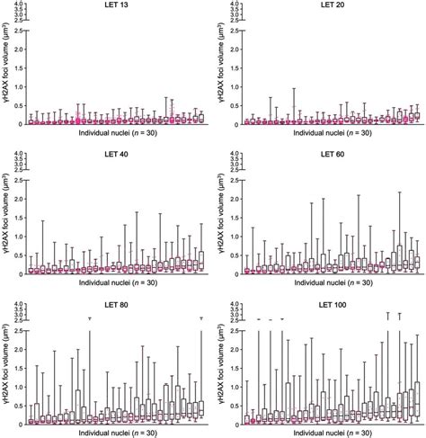 Volume of γ H2AX foci induced in individual nuclei of A549 cells n