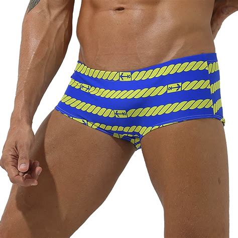 Botmois Men Print Swim Boxer Briefs Drawstring Waistband Bikini Trunks Soft Swim Briefs