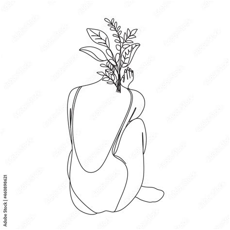Abstract Nude Figure Of A Woman With Lavender Flowers Vector Line Drawing Fine One Line Vector