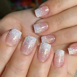 Amazon 24Pcs White Glitter Press On Nails Short Square WLGDLH Spring Fake Nails Nude Pink