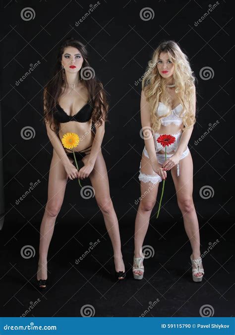 Femelle Deux Sexy Chaude Dans La Lingerie Avec Des Fleurs Photo Stock Image Of Sein