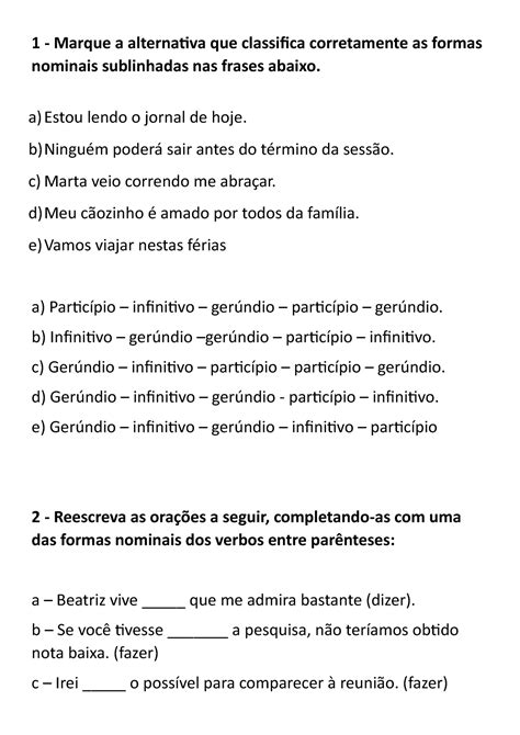Exercícios Sobre Gerúndio Particípio E Infinitivo Com Gabarito 7º Ano