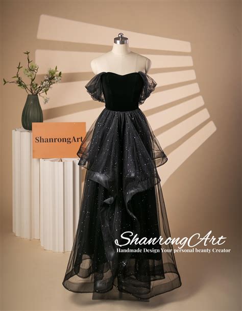 Vintage Black Sparkle Tulle Flannelette With Off The Shoulder Handmade