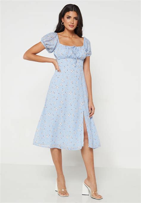 Buy Faballey Blue Powder Blue Floral Smocked Milkmaid Dress For Women In Dubai Abu Dhabi