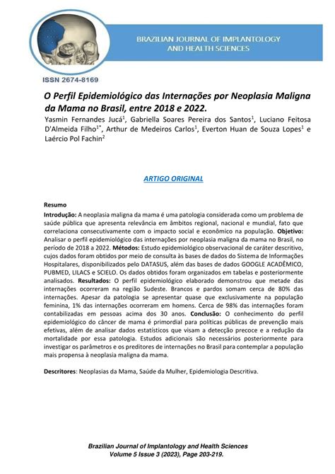 Pdf O Perfil Epidemiol Gico Das Interna Es Por Neoplasia Maligna Da