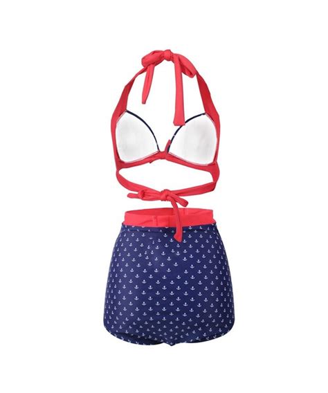 Retro Navy Red White Anchors Two Piece Swimsuit Bikini Red Navy Blue Cr Yx H