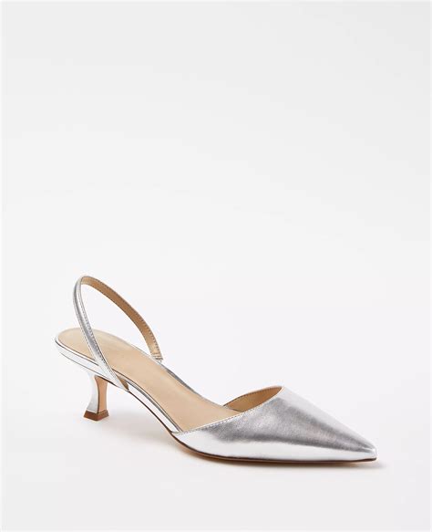 Metallic Leather Kitten Heel Slingback Pumps