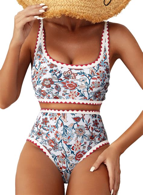Shewin Women S Bikini Sets Floral Print Whip Stitch Piece Swimsuits High Waisted Scoop Bathing