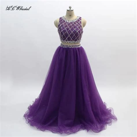 2019 New Purple Two Piece Prom Dresses Sparkly Beaded Crystals Tulle