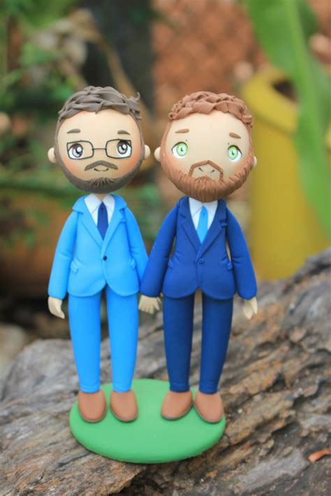 Same Sex Wedding Cake Topper Gay Beards Wedding Clay Figurines Etsy