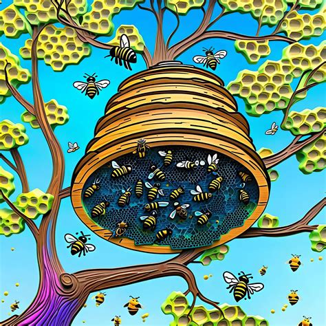 A Bee Hive In A Tree With Bees Showing Flying Around The Beehive