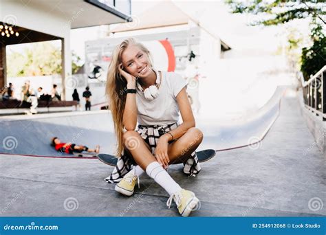 Gorgeous Woman In Cute White Socks Posing With Longboard Outdoor Shot Of Smiling Blonde Skater
