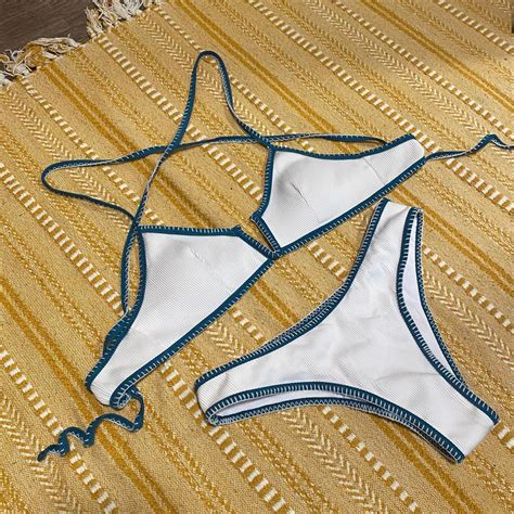 White And Blue Stitched Bikini Condition Like Depop