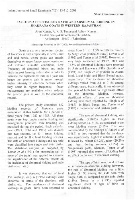 PDF Factors Affecting Sex Ratio And Abnormal Kidding In Jhakrana