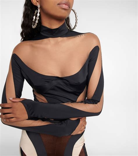 Mugler Paneled Bodysuit In Black Nude Modesens