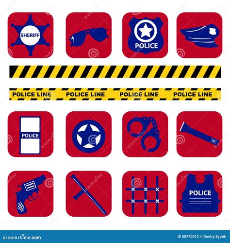 Vector Set Silhouette Police Symbols In Dark Blue Color Stock Photo
