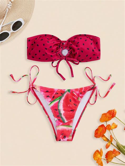 Watermelon Print Bandeau Bikini Set With Knot Front And Tie Side Bottom