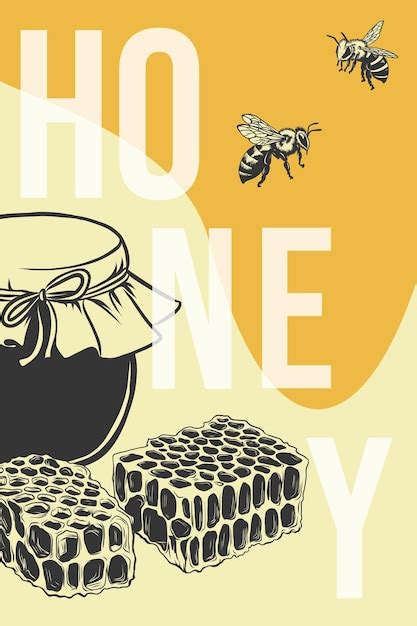 Premium Vector Bee Honey Label Or Flyer With Jar And Honeycombs