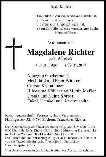 Traueranzeigen Von Magdalene Richter Trauer In NRW De