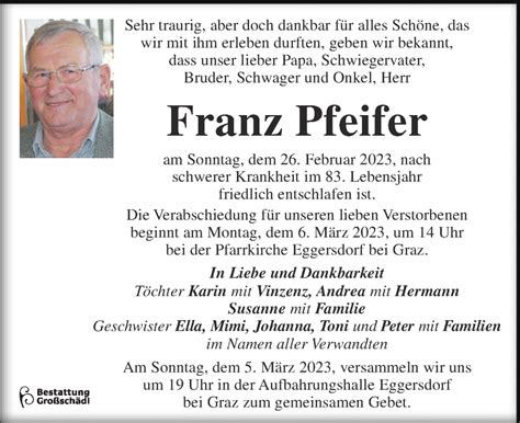 Traueranzeigen Von Franz Pfeifer Trauer Kleinezeitung At