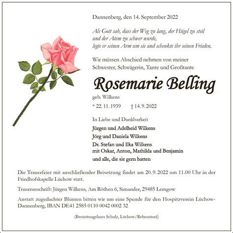 Das Trauerportal F R L Chow Dannenberg Todesanzeigen Rosemarie Belling