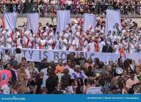 Gay Expats Amsterdam Boat At The Police Boat At The Gaypride Canal Parade With Boats At