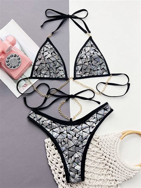 New Sexy Triangle Bikini Push Up Bikinis Women Sequined Chain String Swimwear Bling Bling