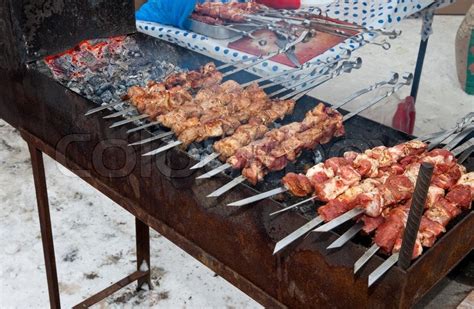 Appetizing Fresh Meat Shish Kebab Shashlik Prepared On A Grill Wood