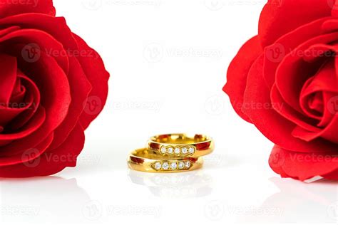 Red roses and gold rings on white 11388960 Stock Photo at Vecteezy