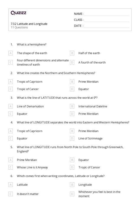 Latitude And Longitude Worksheets On Quizizz Free Printable