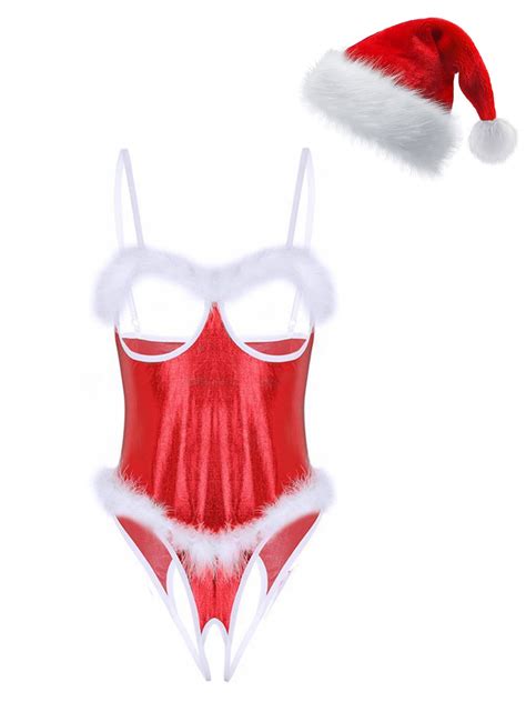 ZDHoor Women Sexy Lingerie Teddy Babydoll Open Cup Crotchless Bodysuit Christmas Sleepwear Red A