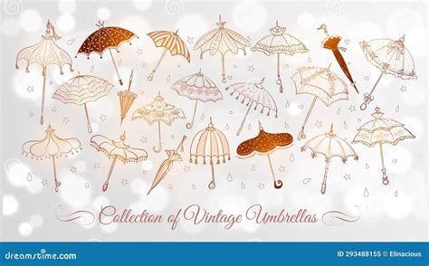 Collection Of Doodle Vintage Umbrellas On White Glowing Background