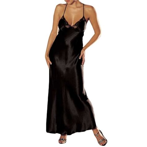 Femmes Lingerie Sexy Dentelle Babydoll Sous Vêtements Jupe De Nuit Satin Dentelle Longue Robe