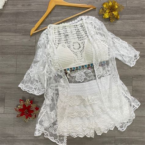 20 Set bikini ren đi biển 3 món bra yếm đính hạt quần giả váy tầng choàng hoa hồng Shopee