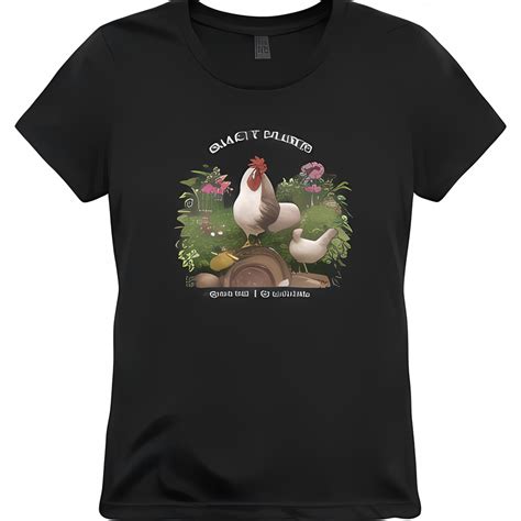 Black t-shirt with girls and chickens design featuring large chicken hen house flowers and hens