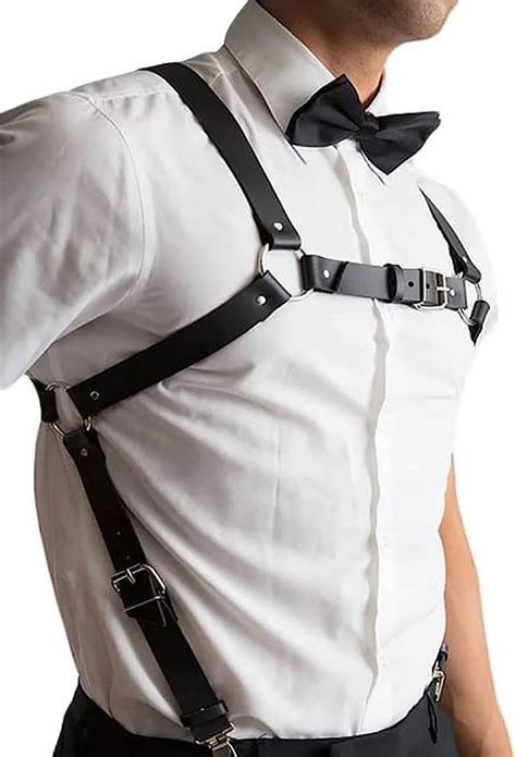 Mens Black Leather Armors Suspenders Shoulder Strap Body Chest Harness Chain Belt Adjustable Gay