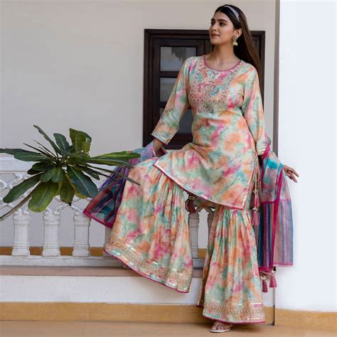 Blue Floral Printed Muslin Sharara Suit