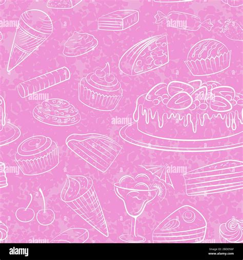 Seamless Background Food Sweets White Contours Pink Wallpaper With