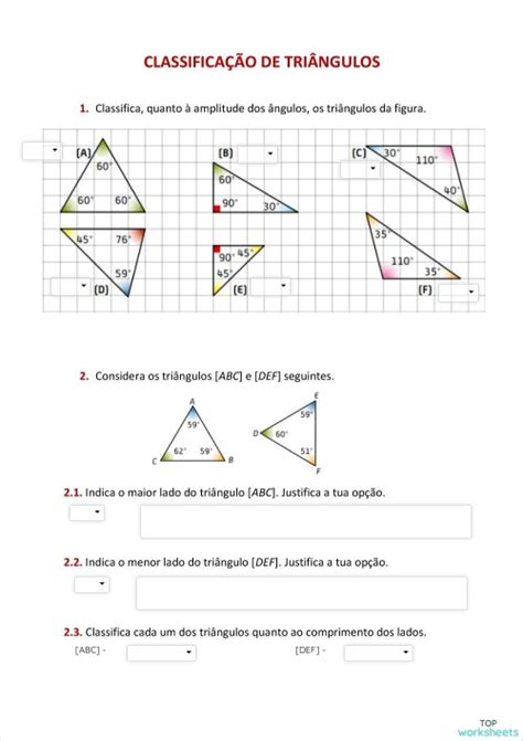 Classificação De Triangulos Exercicios - TW - classificação de triângulos 1. Ficha interativa | TopWorksheets