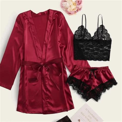 pièces femmes Satin soie pyjamas chemise de nuit Lingerie Robes sous vêtements ensemble