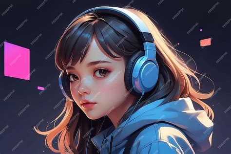 Premium Photo Anime Girl Listens Music On Headphones Portrait Of Teenager Illustration