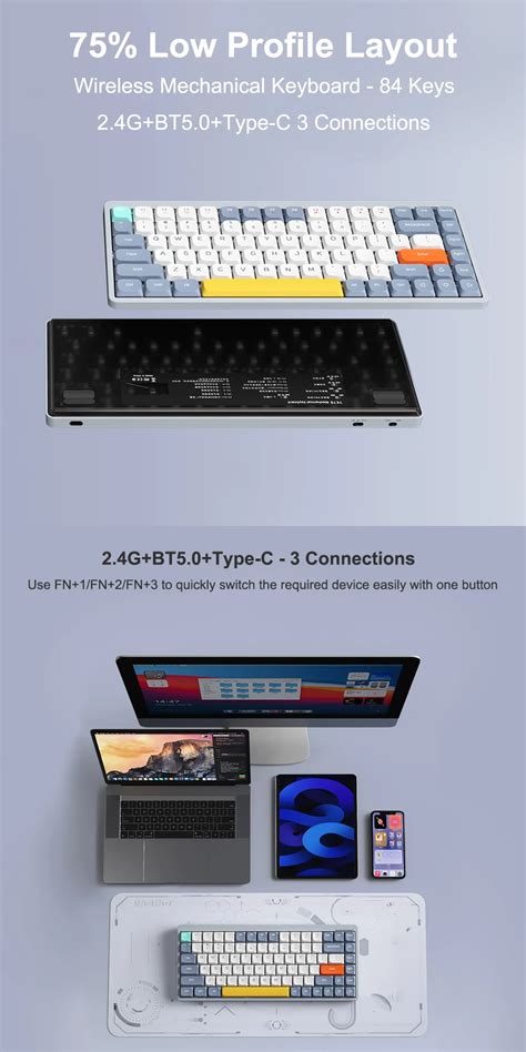 YK Low Profile Mechanical Keyboard Tri Mode Hot Swappable With RGB Backlit Bluetooth For Mac