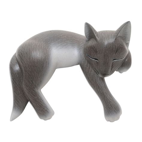 Unicef Market Hand Carved Suar Wood Cat Statuette Wood Statuette